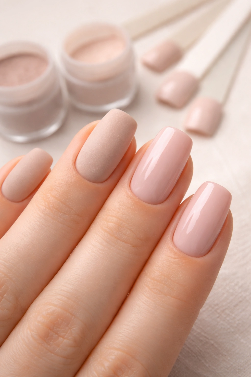 Nails showing matte nude and glossy pale pink finishes