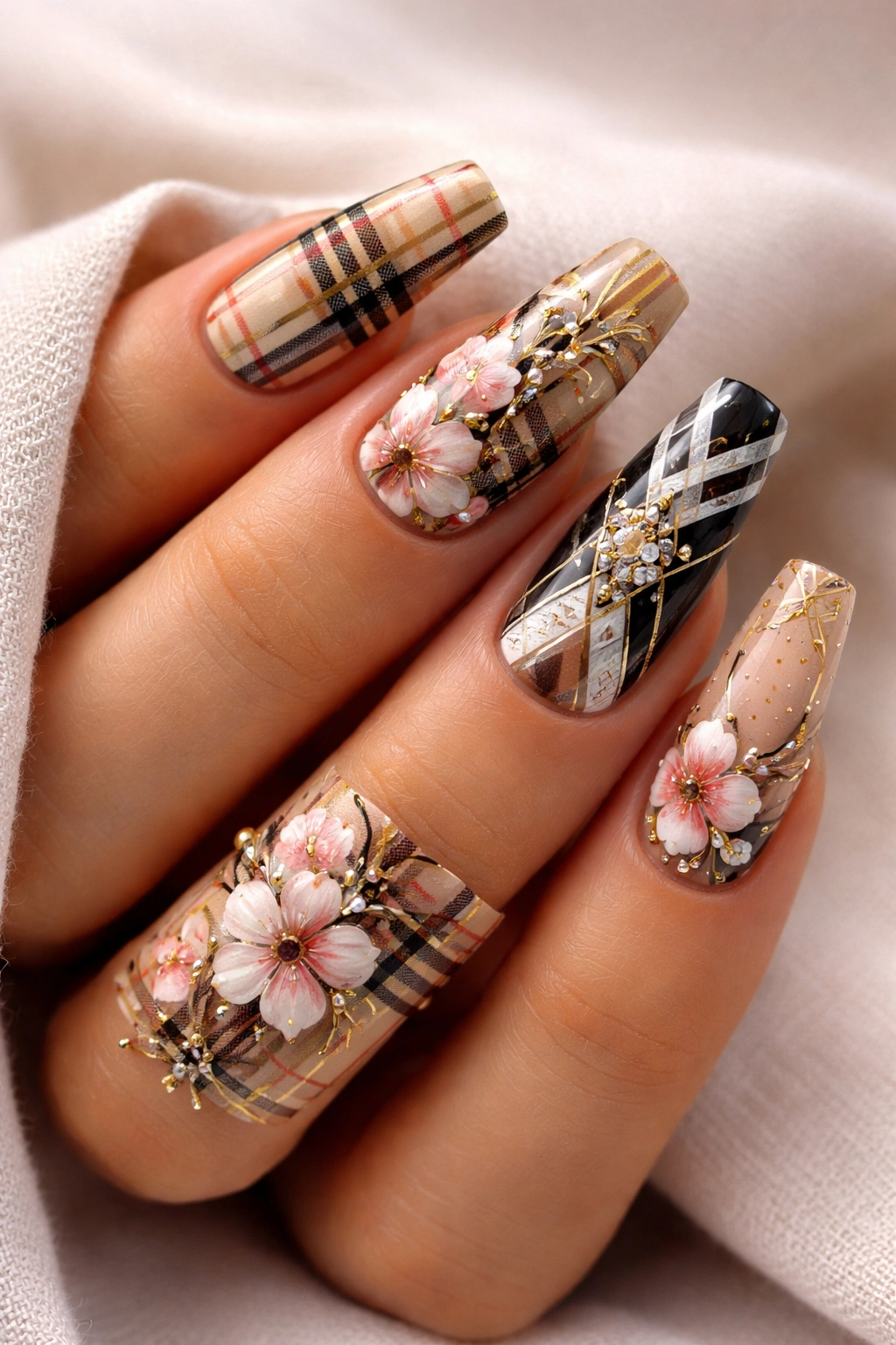 Close-up of nails with complex plaid floral and geometric motifs
