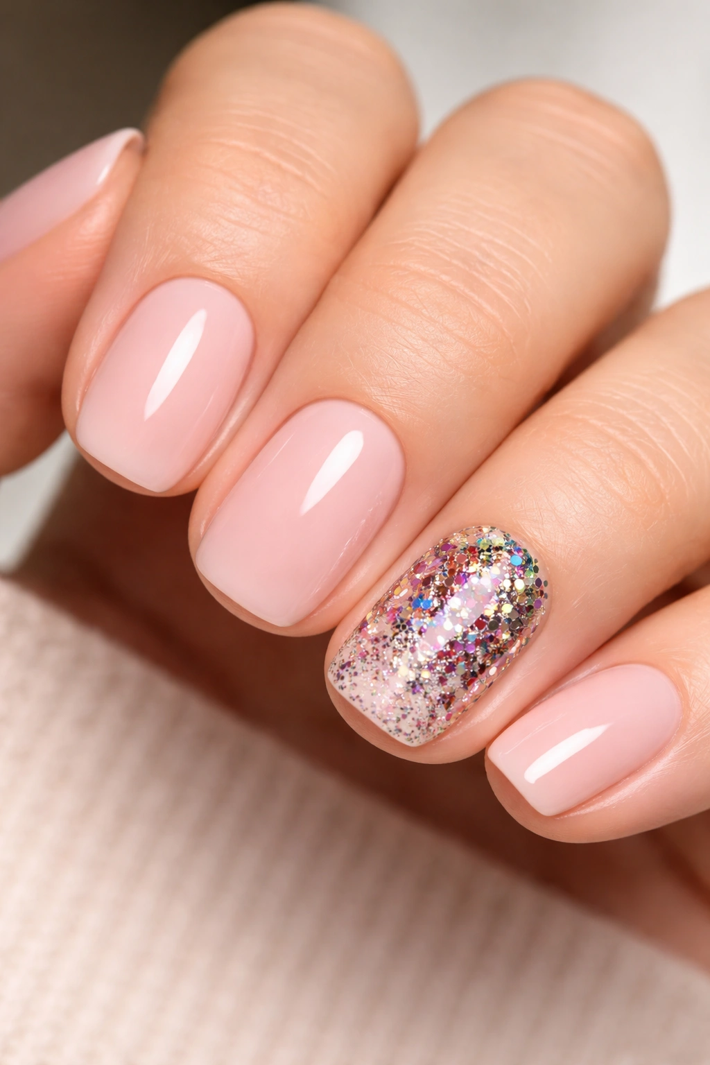 Close-up of a hand with a confetti glitter burst on one accent nail against neutral nails