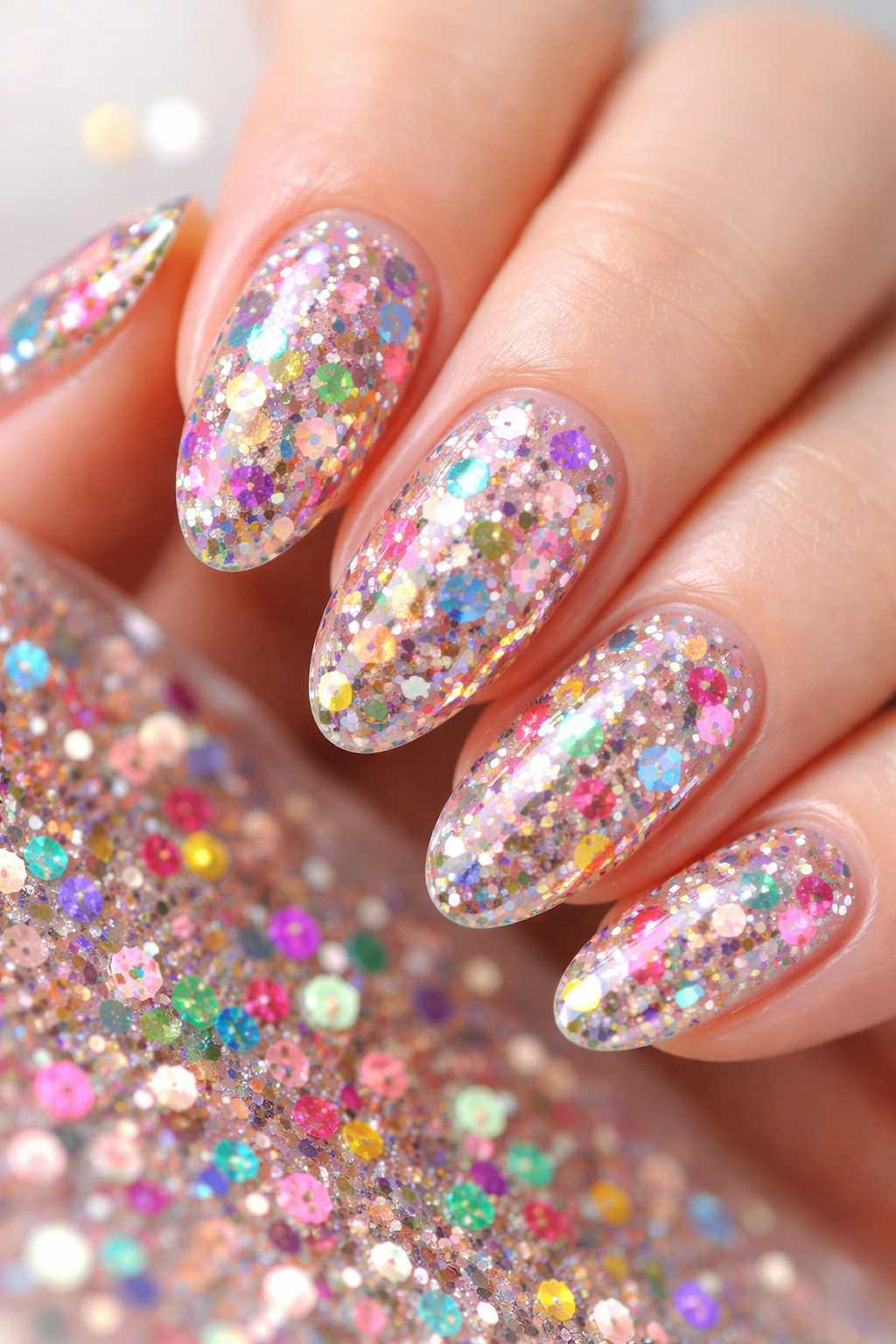 Close-up of nails with multicolor confetti glitter on a clear base
