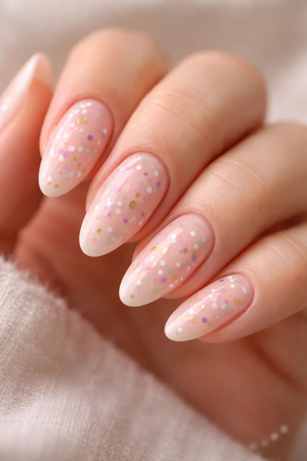 Almond nails with confetti sprinkle design on sheer base