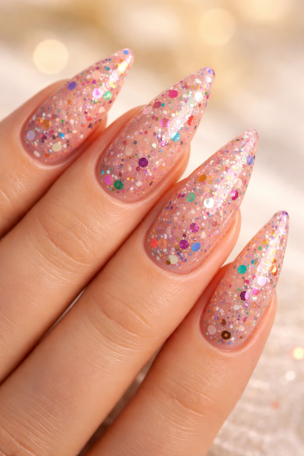 Nude nails with multicolor confetti scattered across stiletto tips