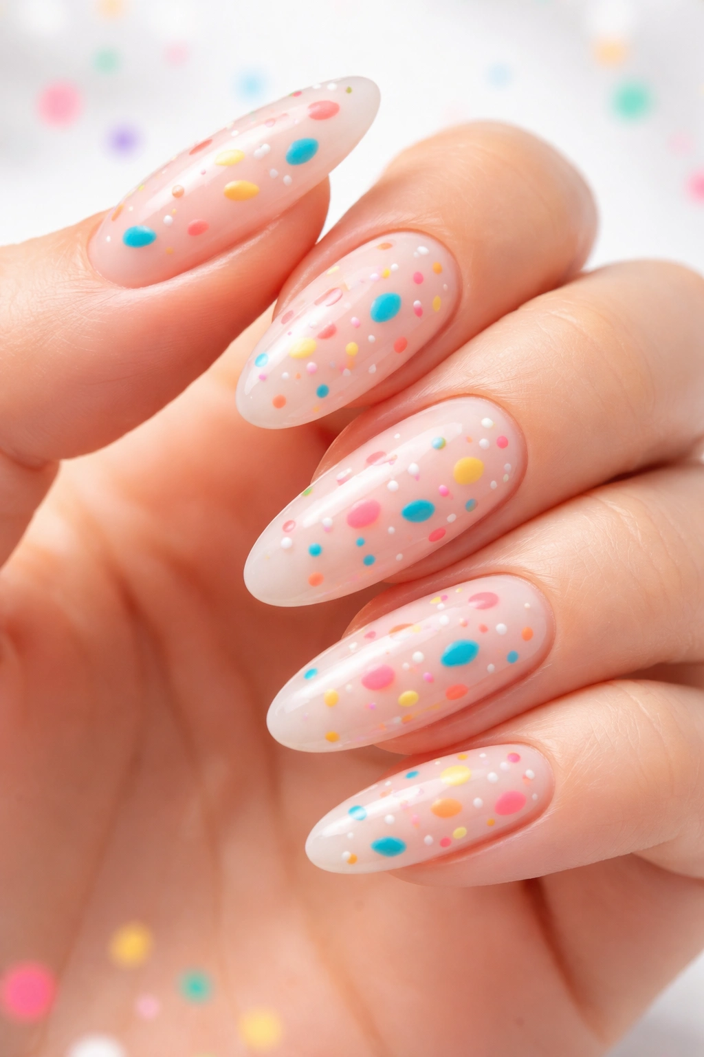 Close-up of long oval nails with colorful confetti-like dots on neutral base