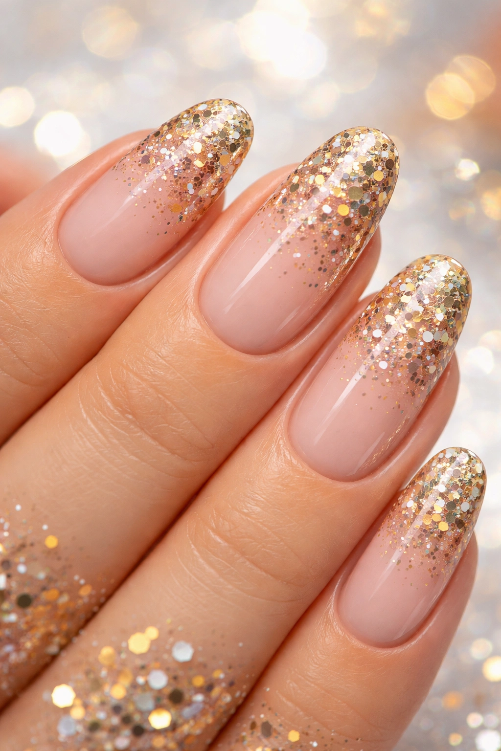 Nude nails with confetti-like metallic specks