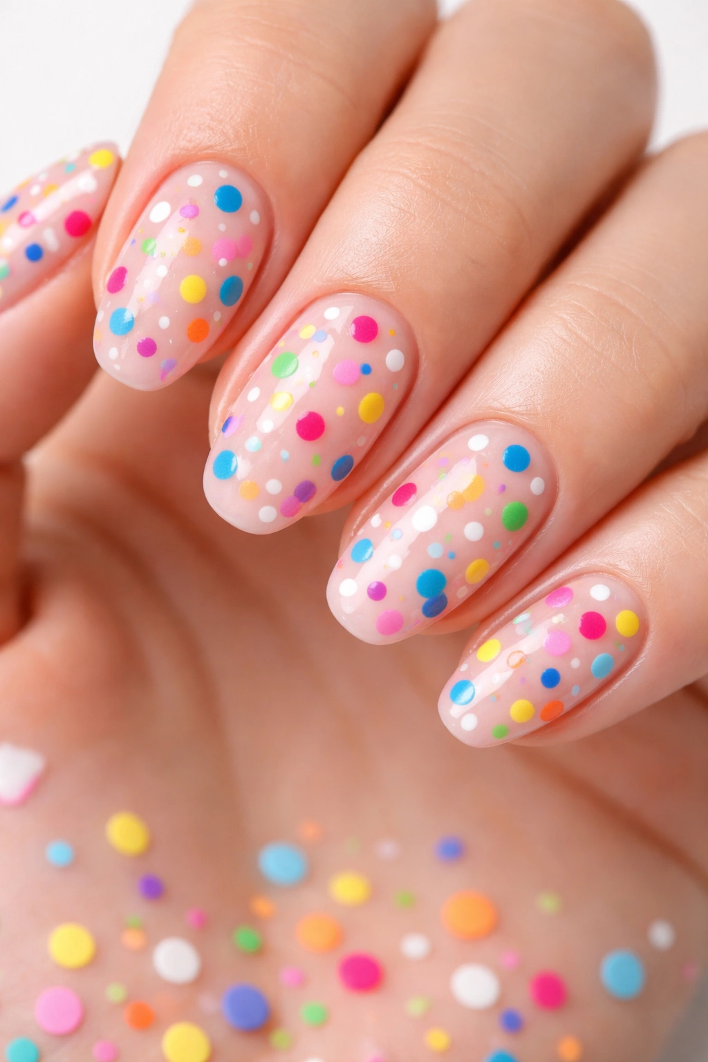 Nails with scattered multicolor dot confetti design
