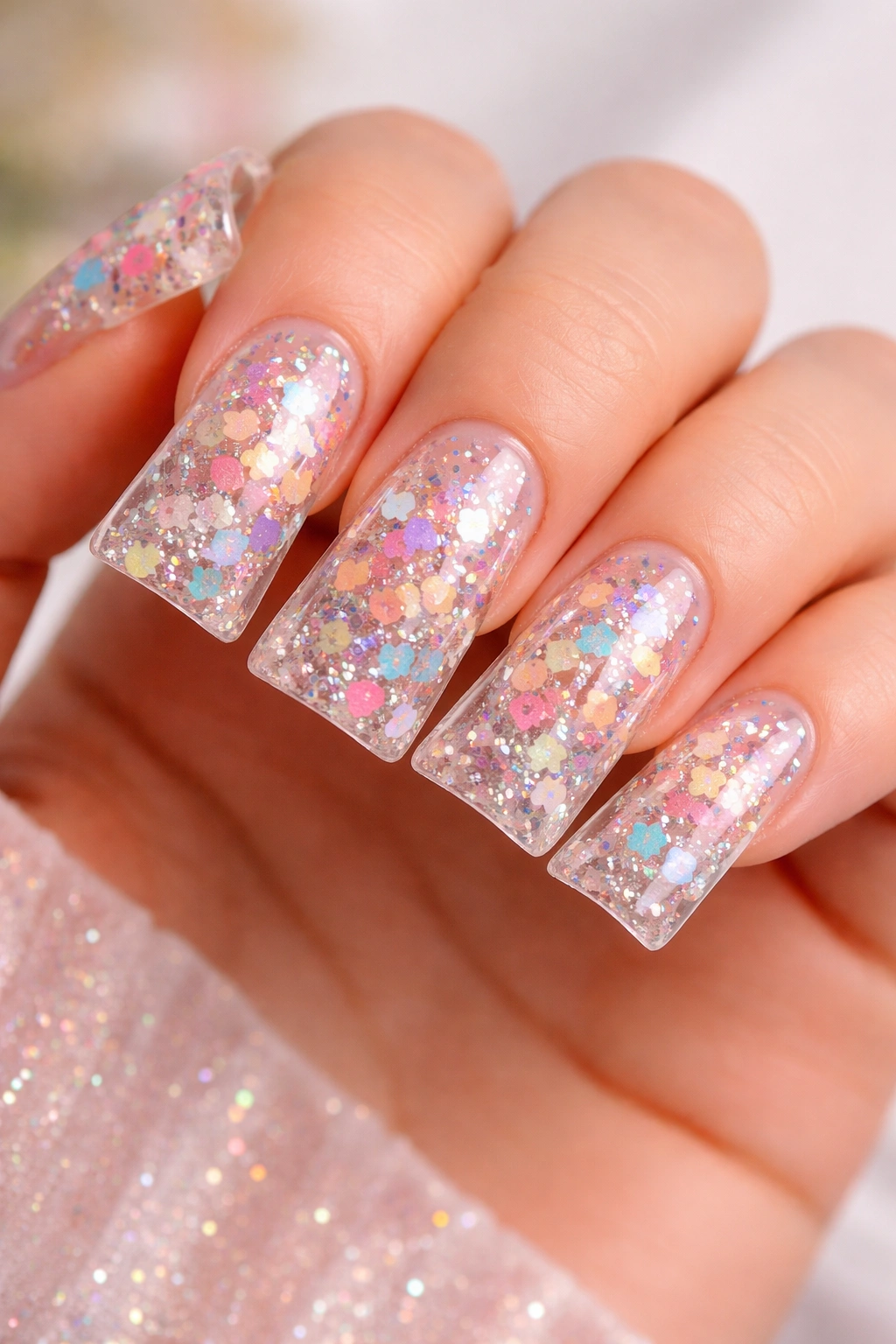 Close-up of duck nails with clear base and colorful confetti and glitter