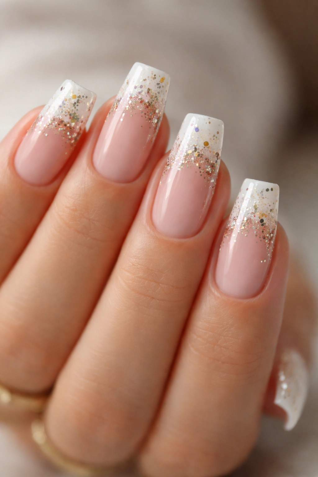 Close-up of medium coffin nails with white tips adorned with metallic flecks