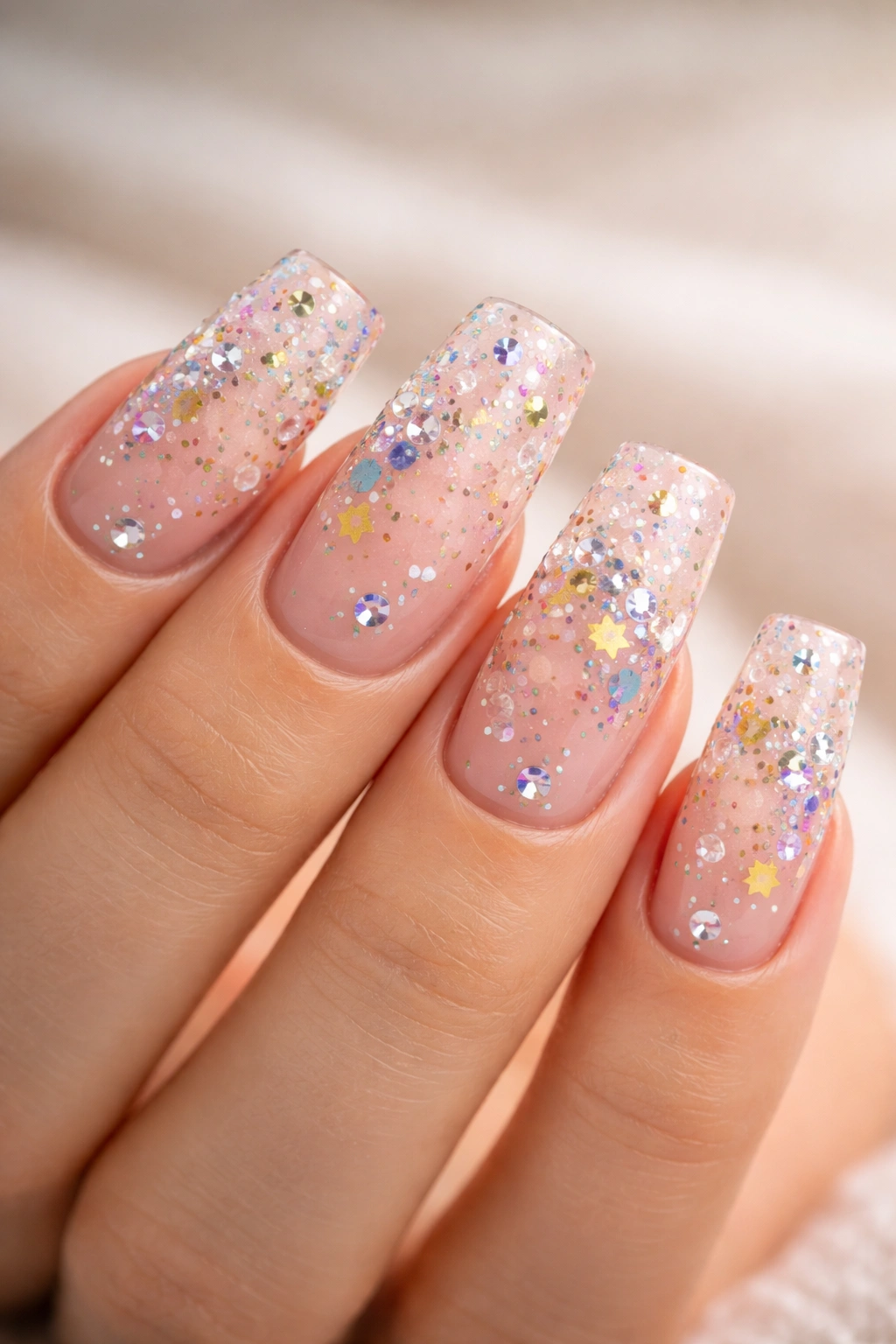 Duck nails with a playful confetti mix of colors and embellishments
