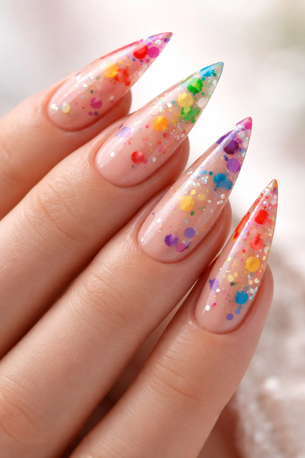 Close-up of nude-based stiletto nails with rainbow confetti dots and splashes