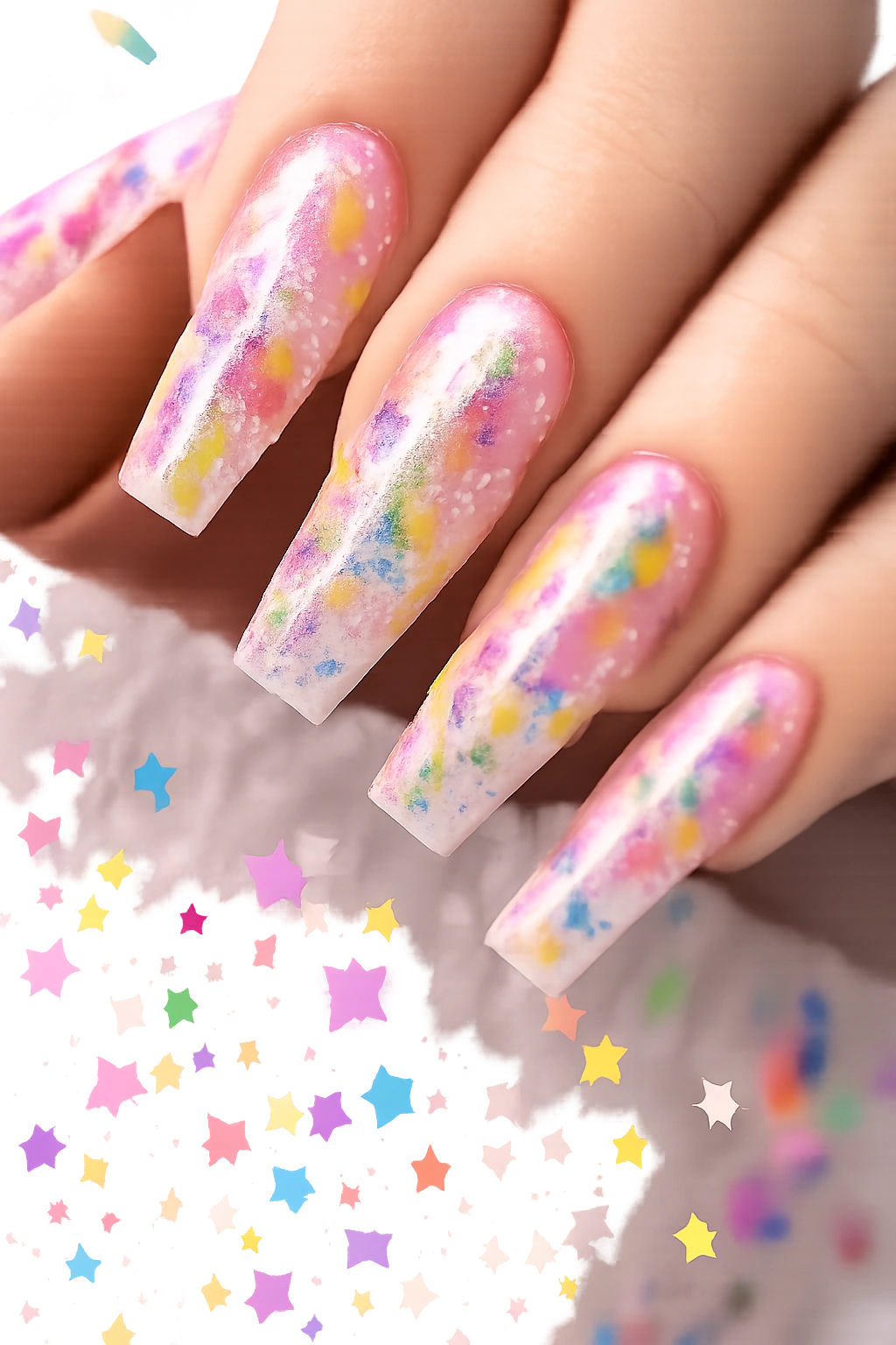 Close-up of clear base coffin nails with multicolored confetti pieces