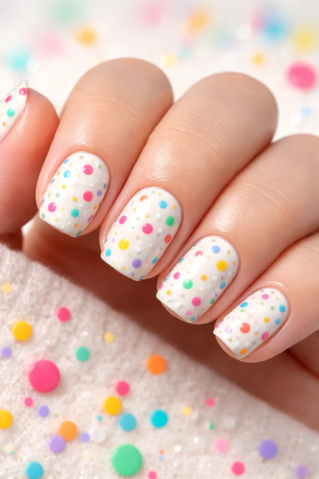 White nails with multicolor confetti dots on short squoval nails