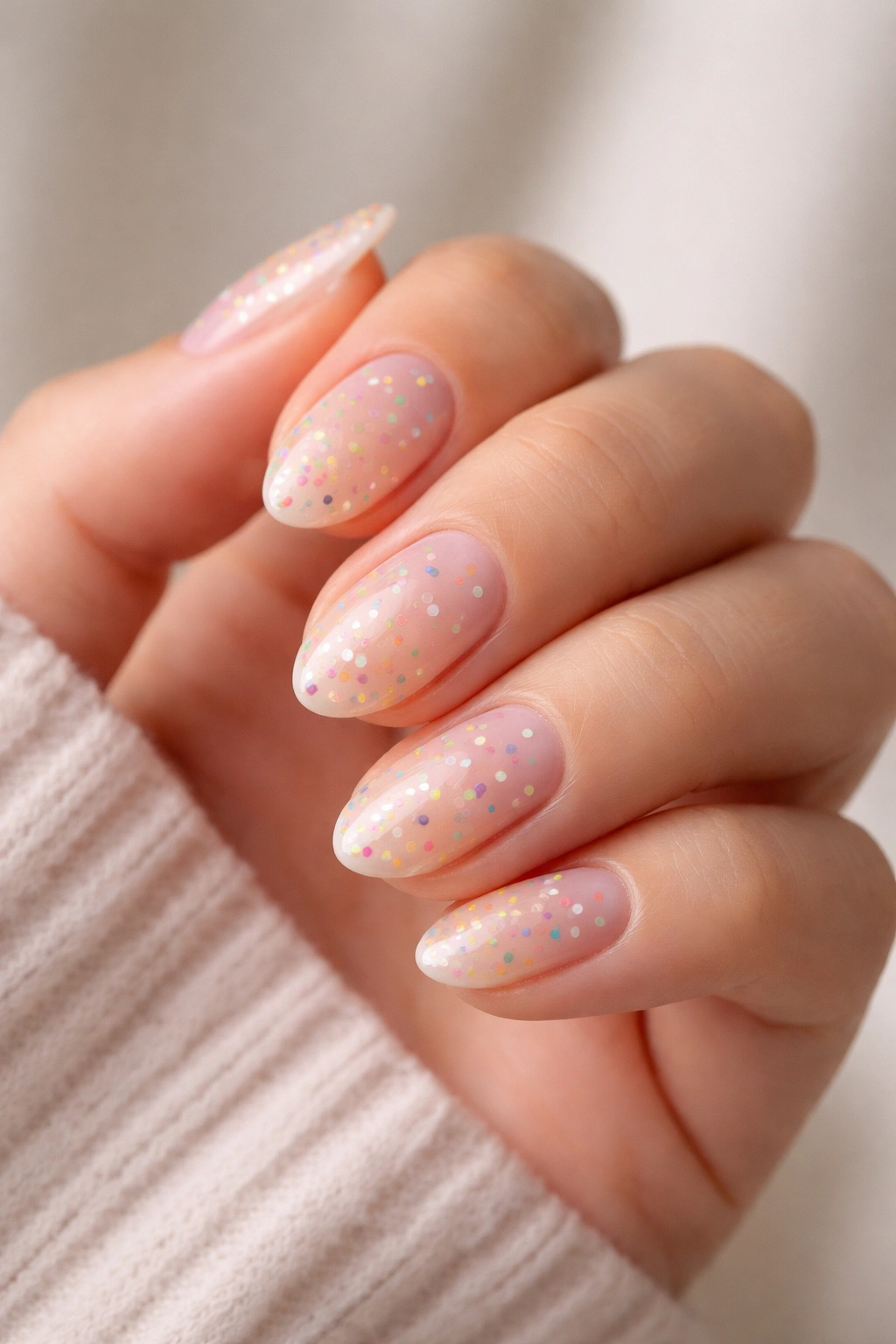 Close-up of short almond nails with a sheer pink base and tiny multicolor confetti flecks.