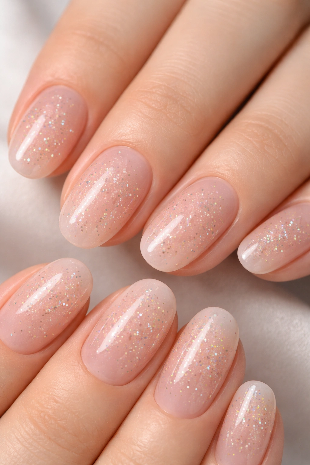 Close-up of short oval nails with sheer pink base and tiny multicolor confetti flecks