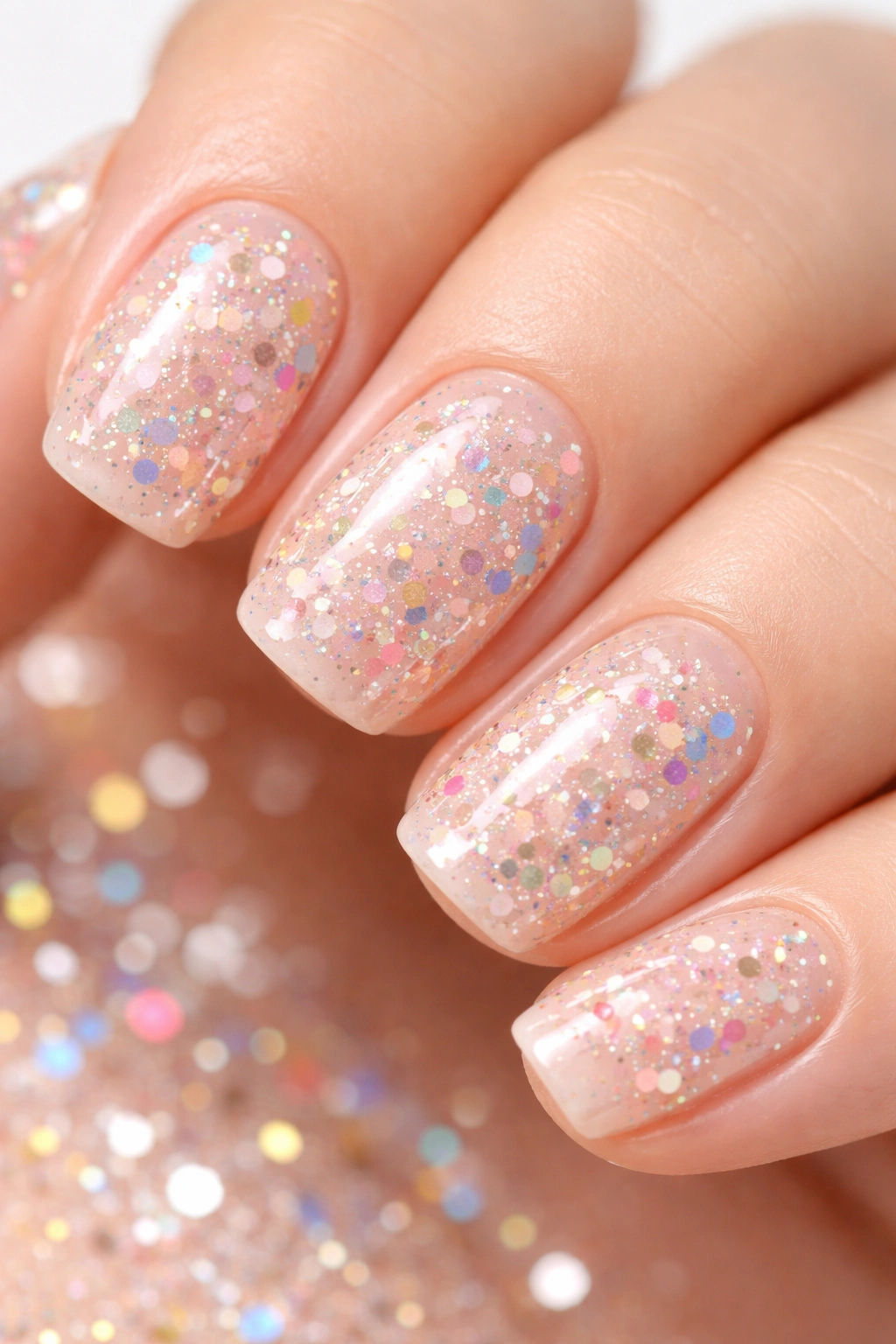 Close-up of confetti sparkle squoval nails on pale base