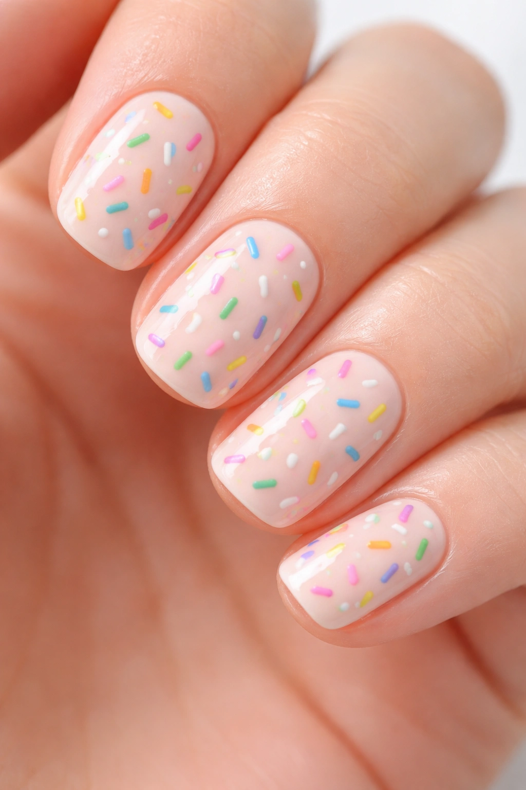 Close-up of fingernails with confetti sprinkle nail art on a pastel base