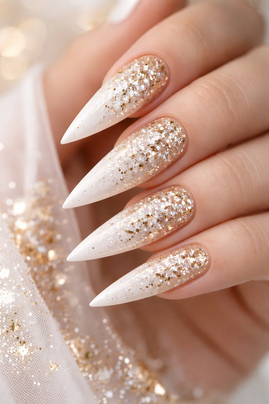 Close-up of white stiletto nails with gold or silver confetti flakes