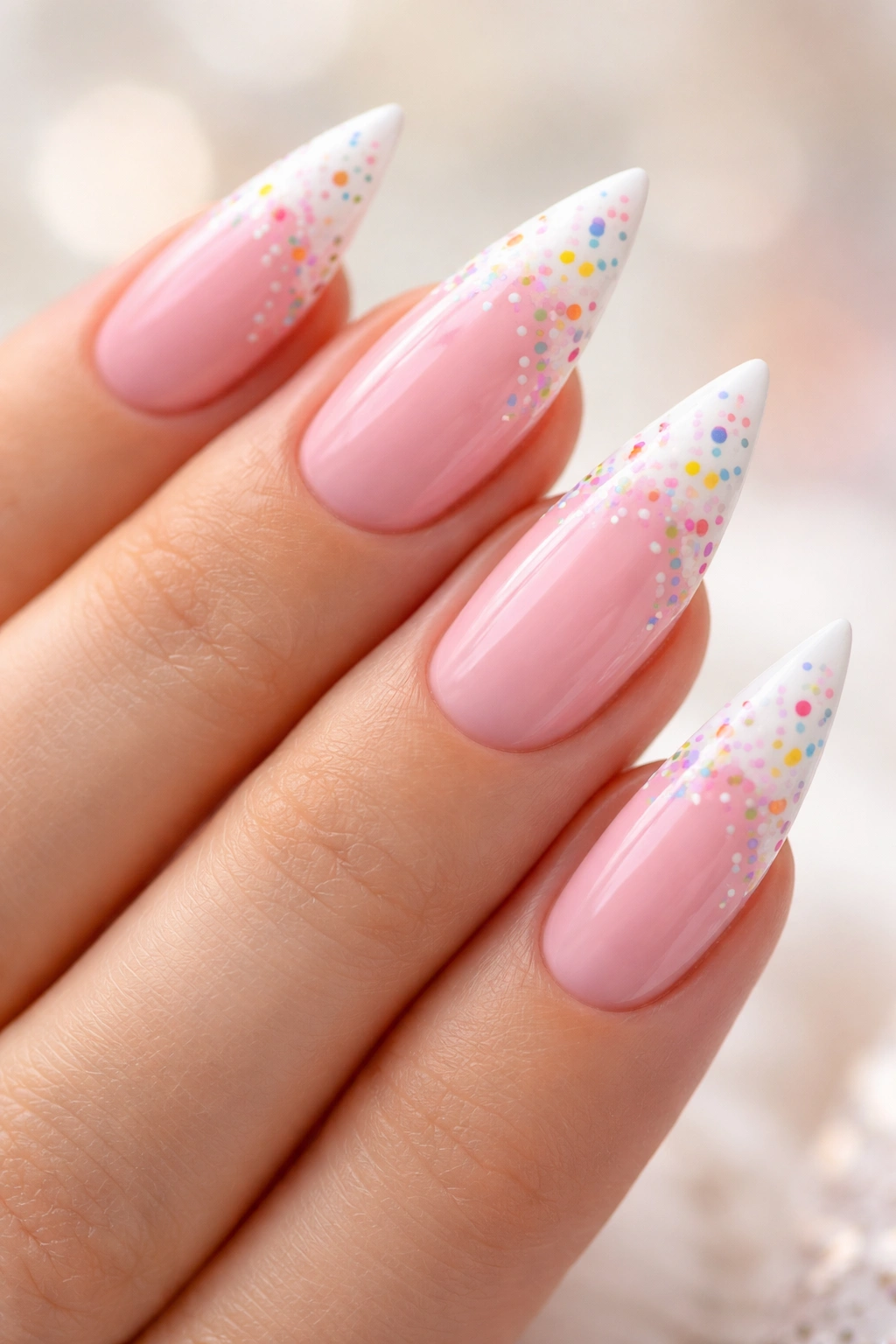 Nails with white tips decorated with colorful confetti sprinkles