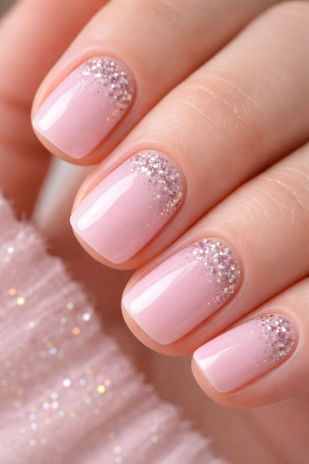 Close-up of short squoval nails with pale pink polish and glitter bursts in the upper corners
