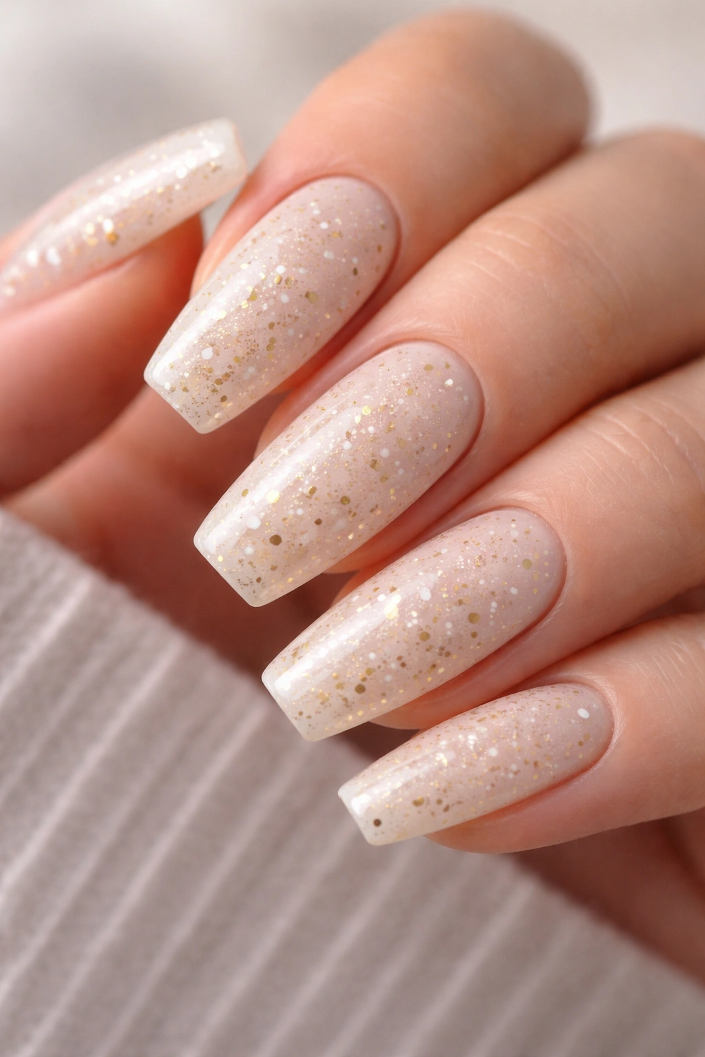 Curved coffin nails with gold and cream speckles on a neutral base