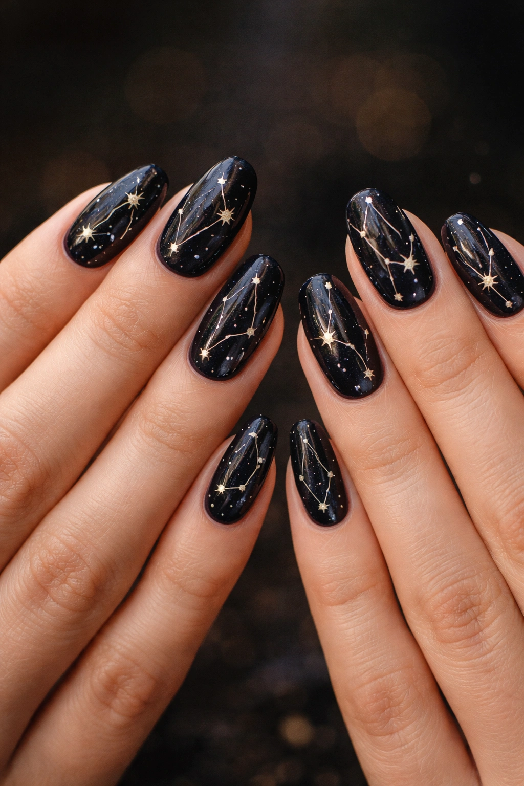 Two hands with constellation nail art on dark bases