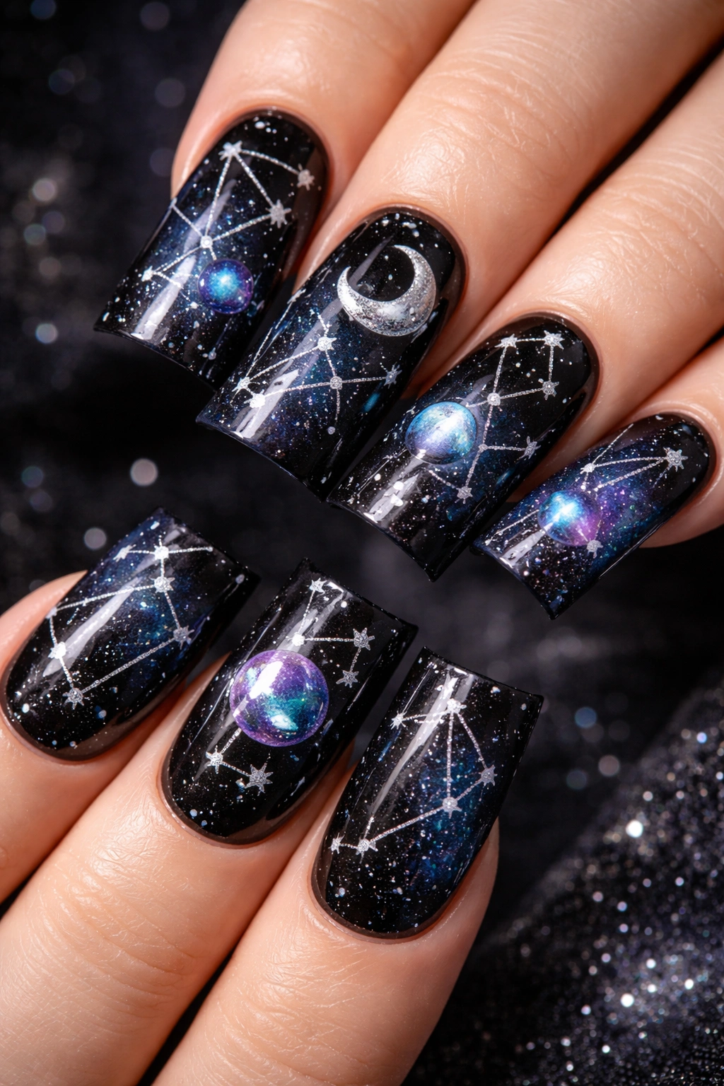Nails with constellation lines and celestial bodies on a dark space gradient
