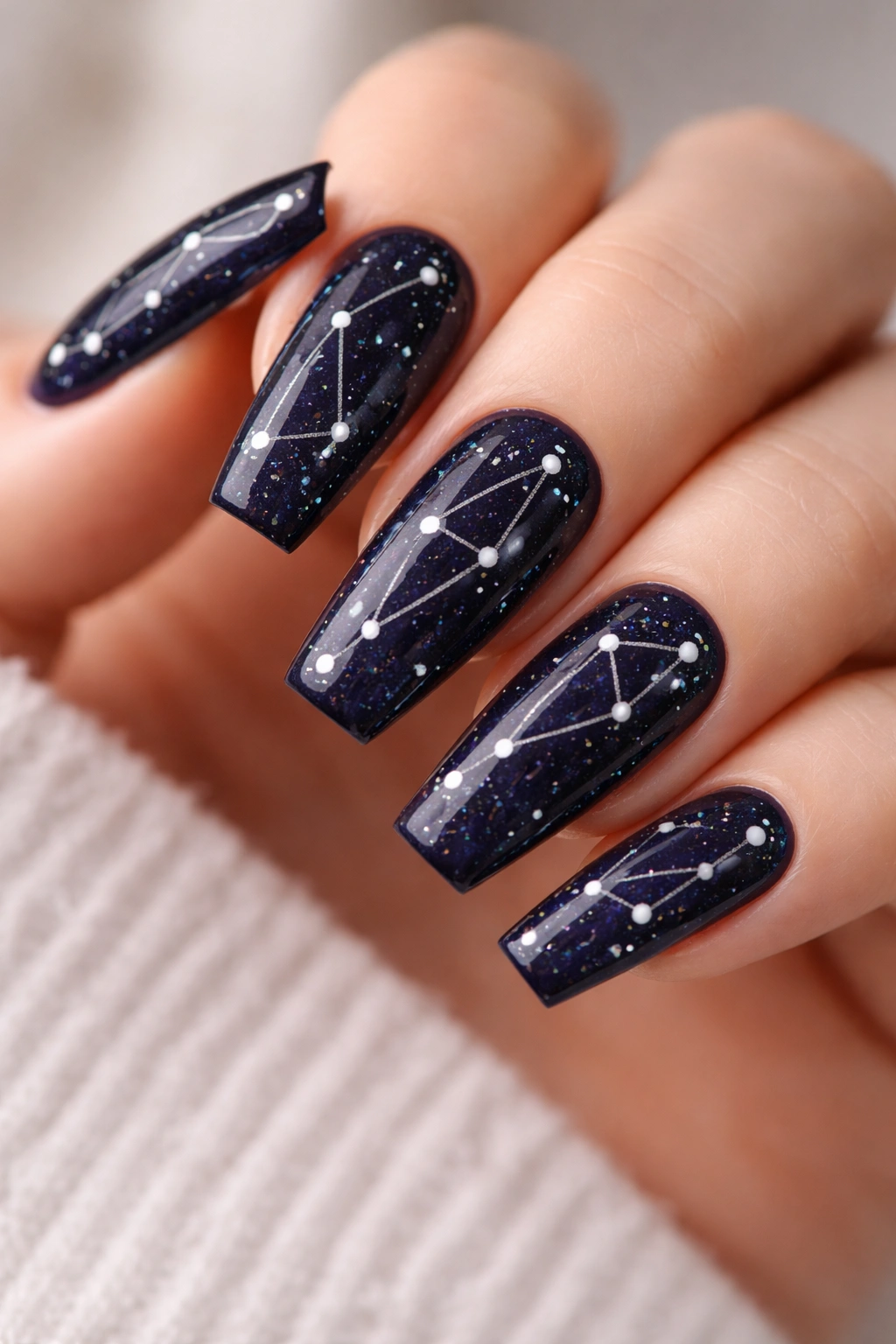 Close-up of medium coffin nails with constellation dot design on dark base