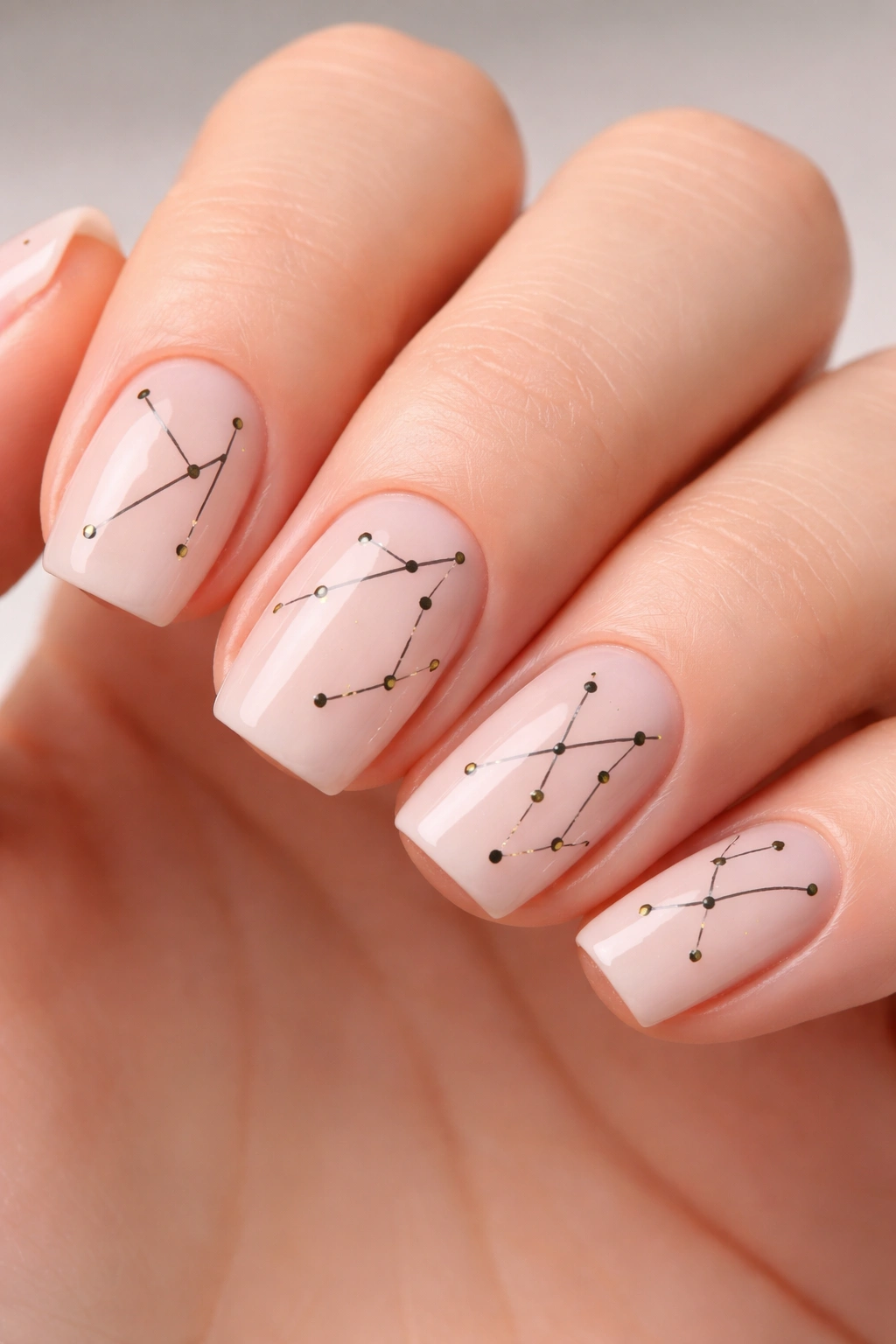 Close-up of short squoval nails with scattered constellation line art
