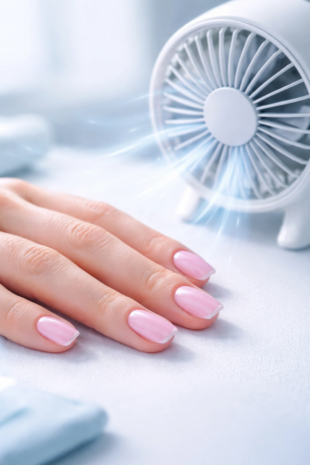 Hand drying nails under a gentle desk fan in a cool room