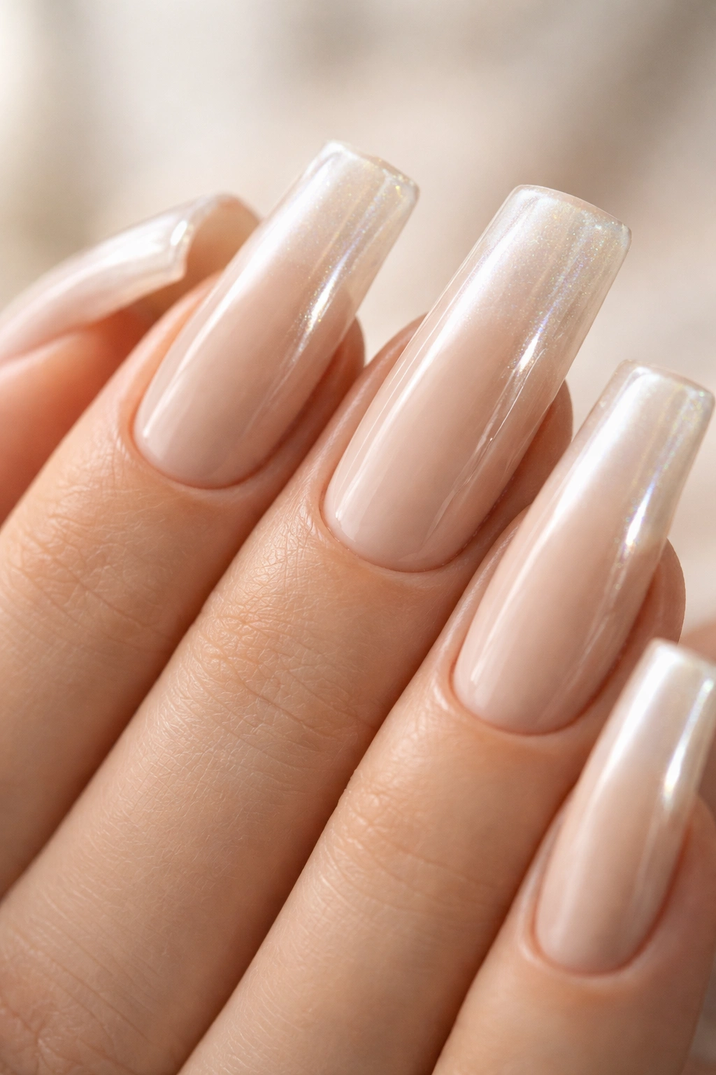 Duck nails with cool beige base and pearl gradient catching light.