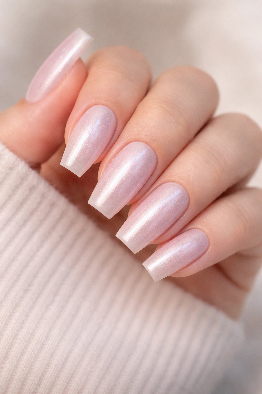 Close-up of cool blush nails with pearl finish on medium coffin nails