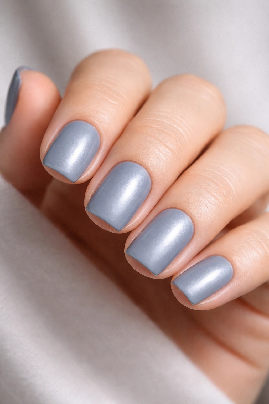 Close-up of short soft square nails in cool gray-blue satin finish