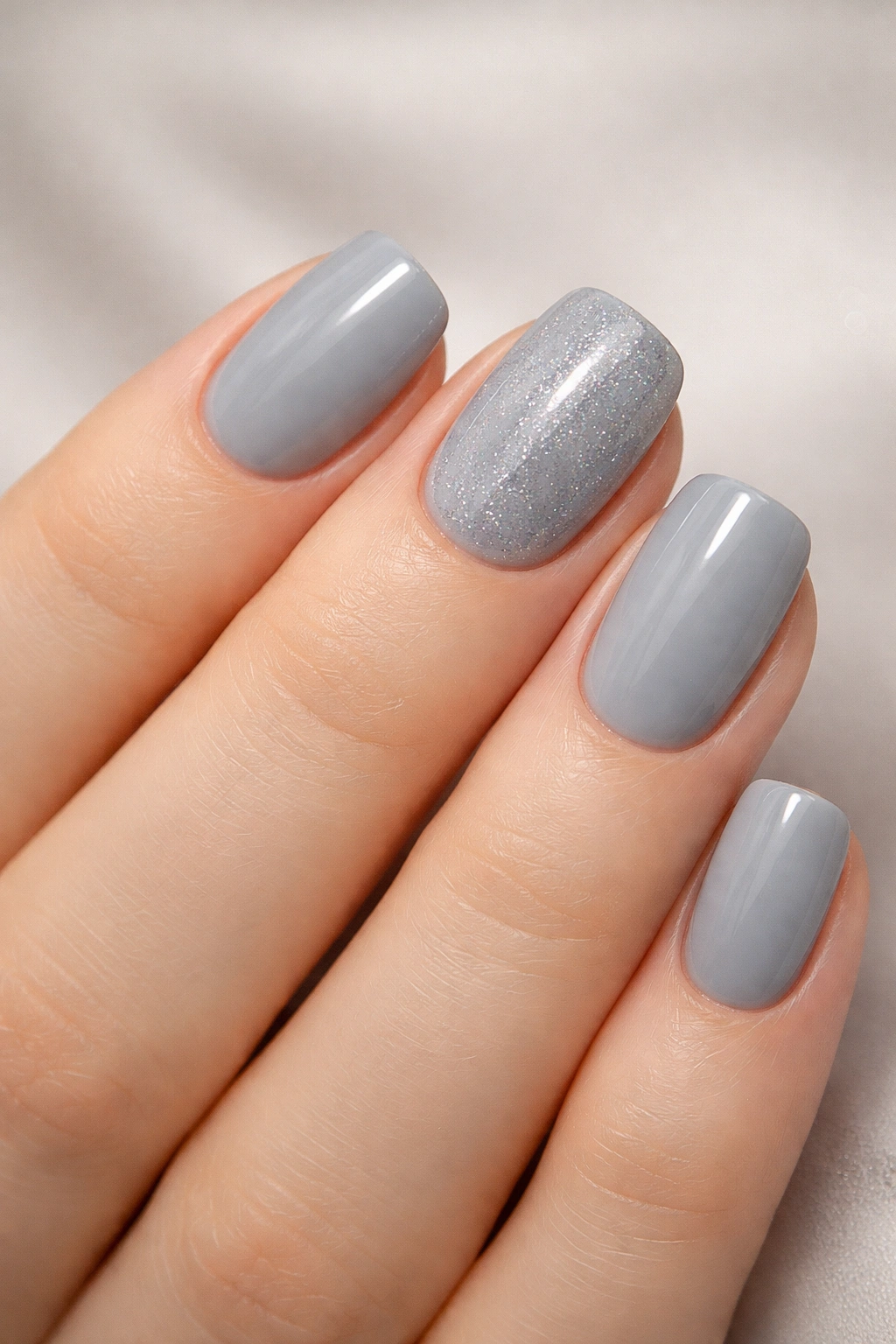 Close-up of cool gray nails with a barely-there glitter accent