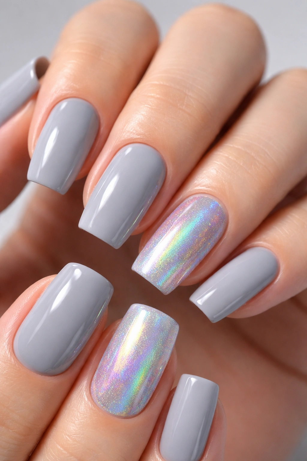 Close-up of cool gray nails with holographic accent nails
