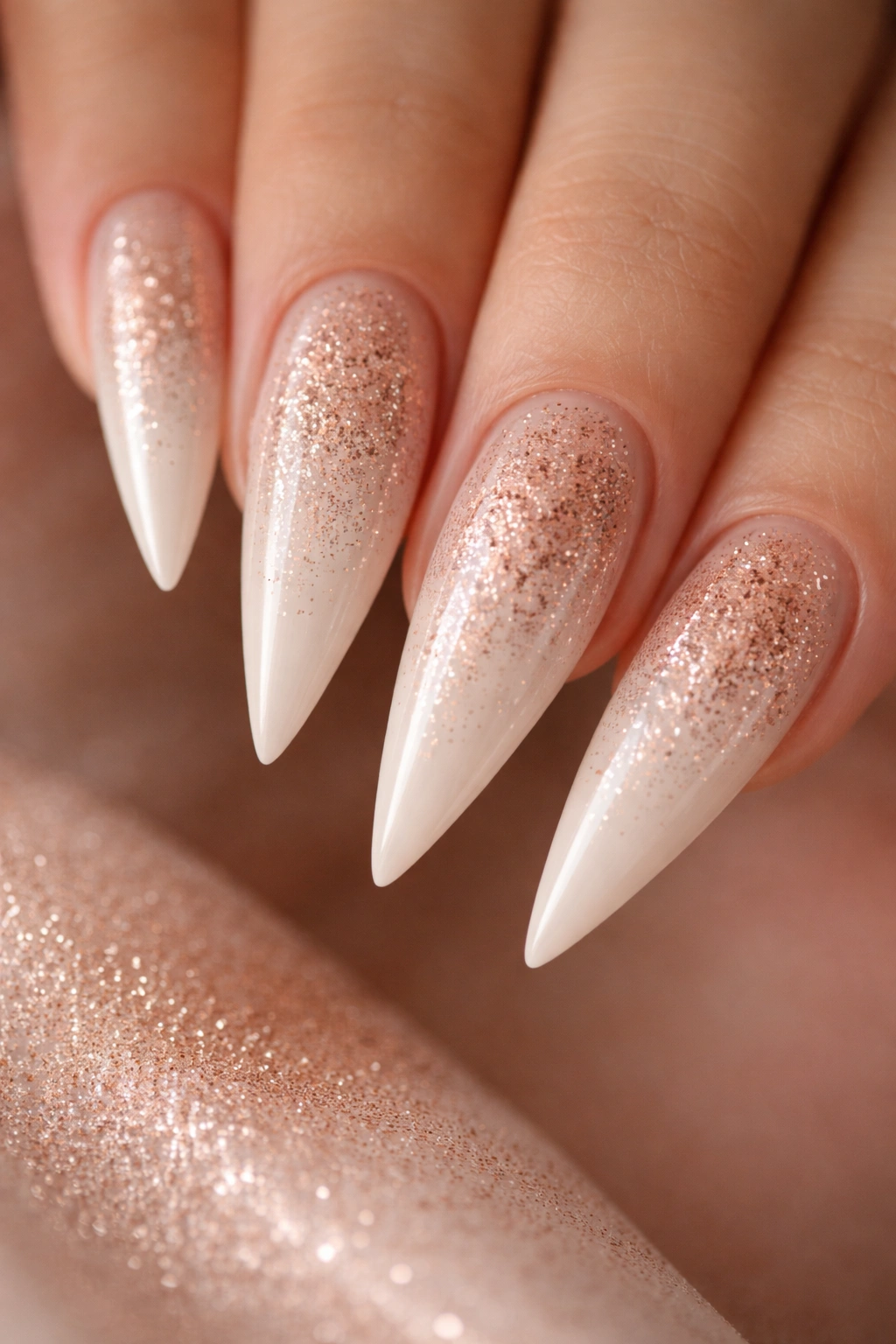 Close-up of cool ivory stiletto nails with rose gold dust