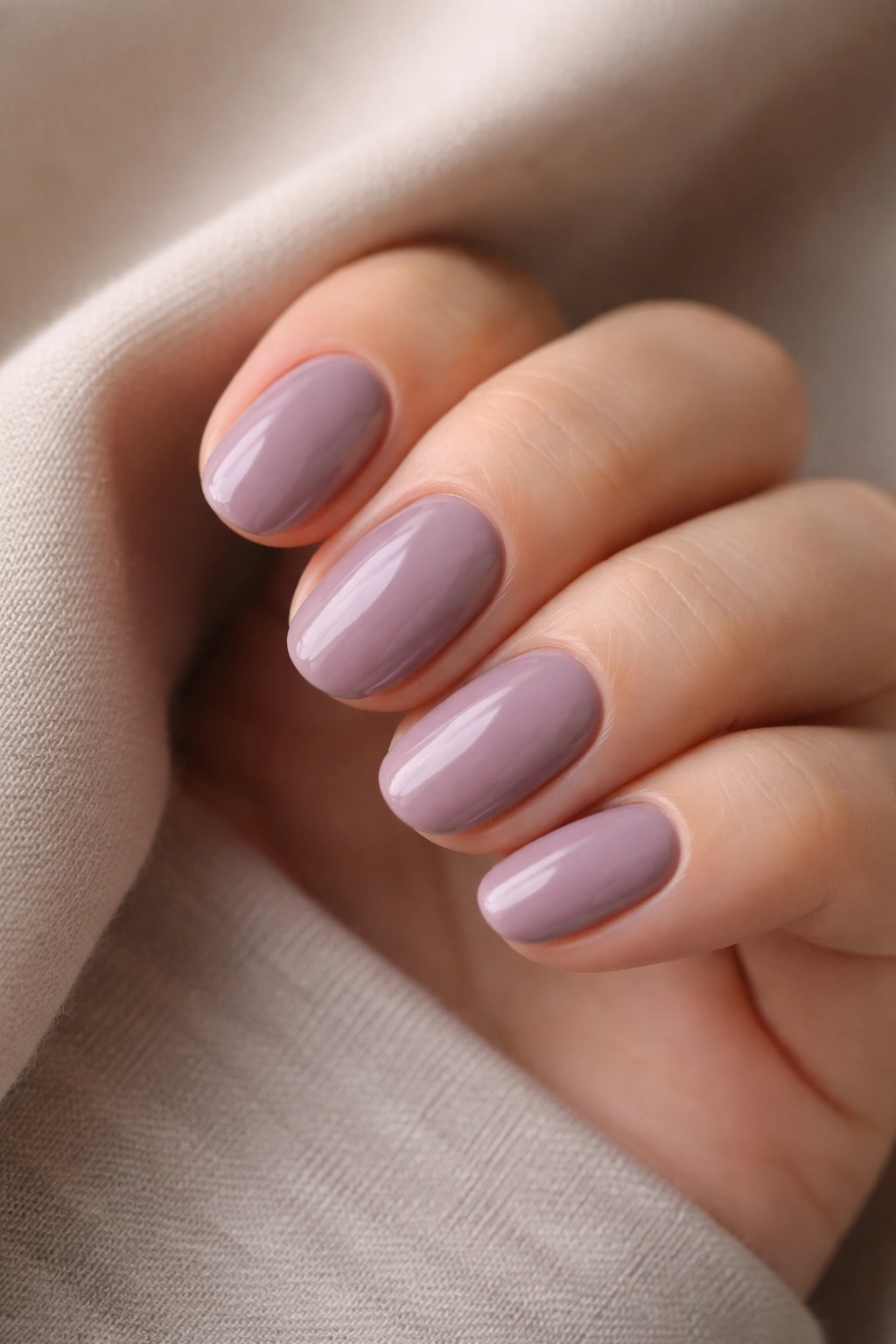 Close-up of short oval nails in cool mauve cream with soft lighting