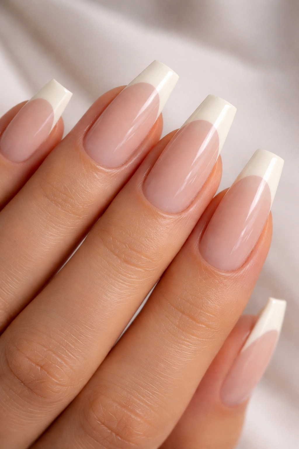 Nails with cool nude base and ivory tips on a ballerina shape, glossy