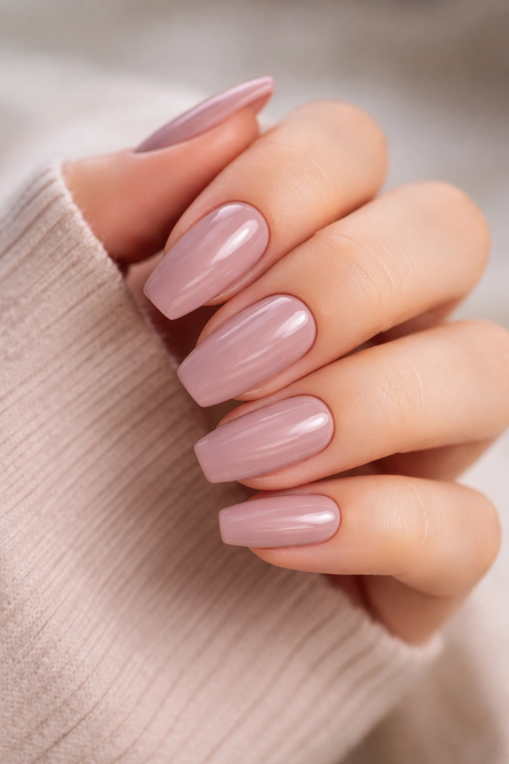 Close-up of hand with cool nude mauve nails on short ballerina tips.