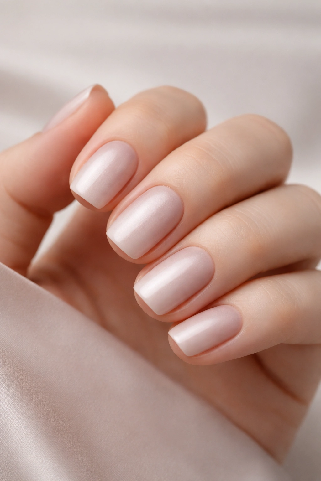Close-up of cool nude nails with satin finish on short squoval nails