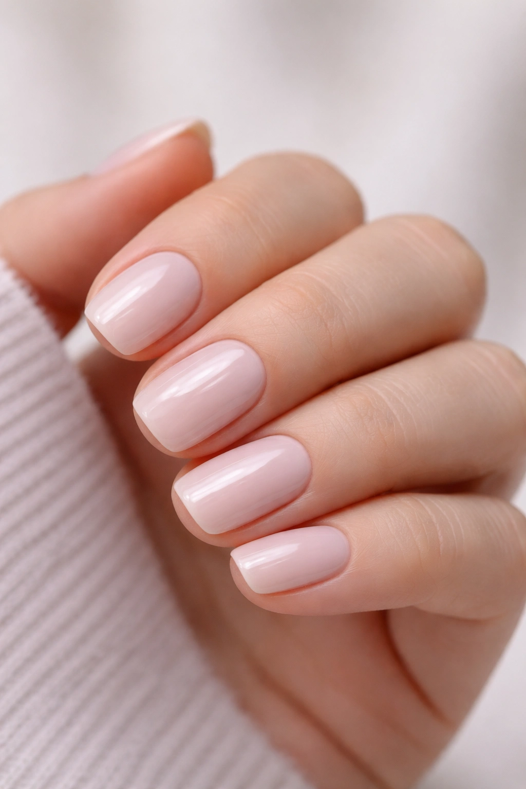 Close-up of short squoval nails in cool pale pink with subtle rosiness