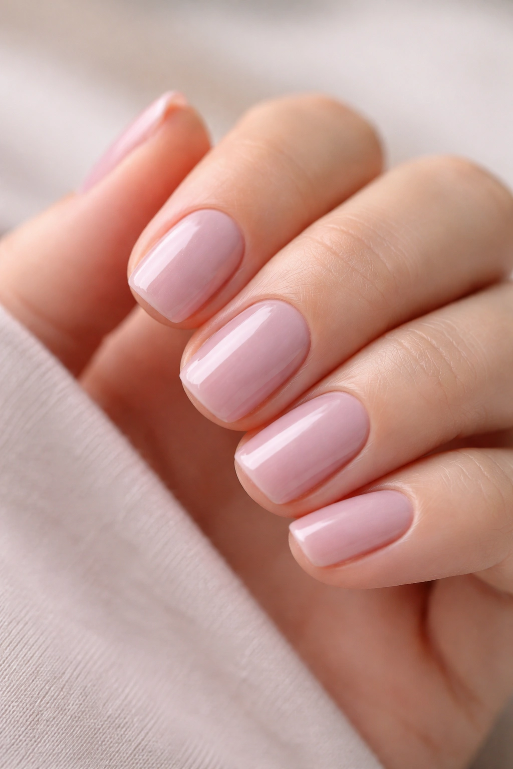 Close-up of short squoval nails in cool pink with barely-there sheen