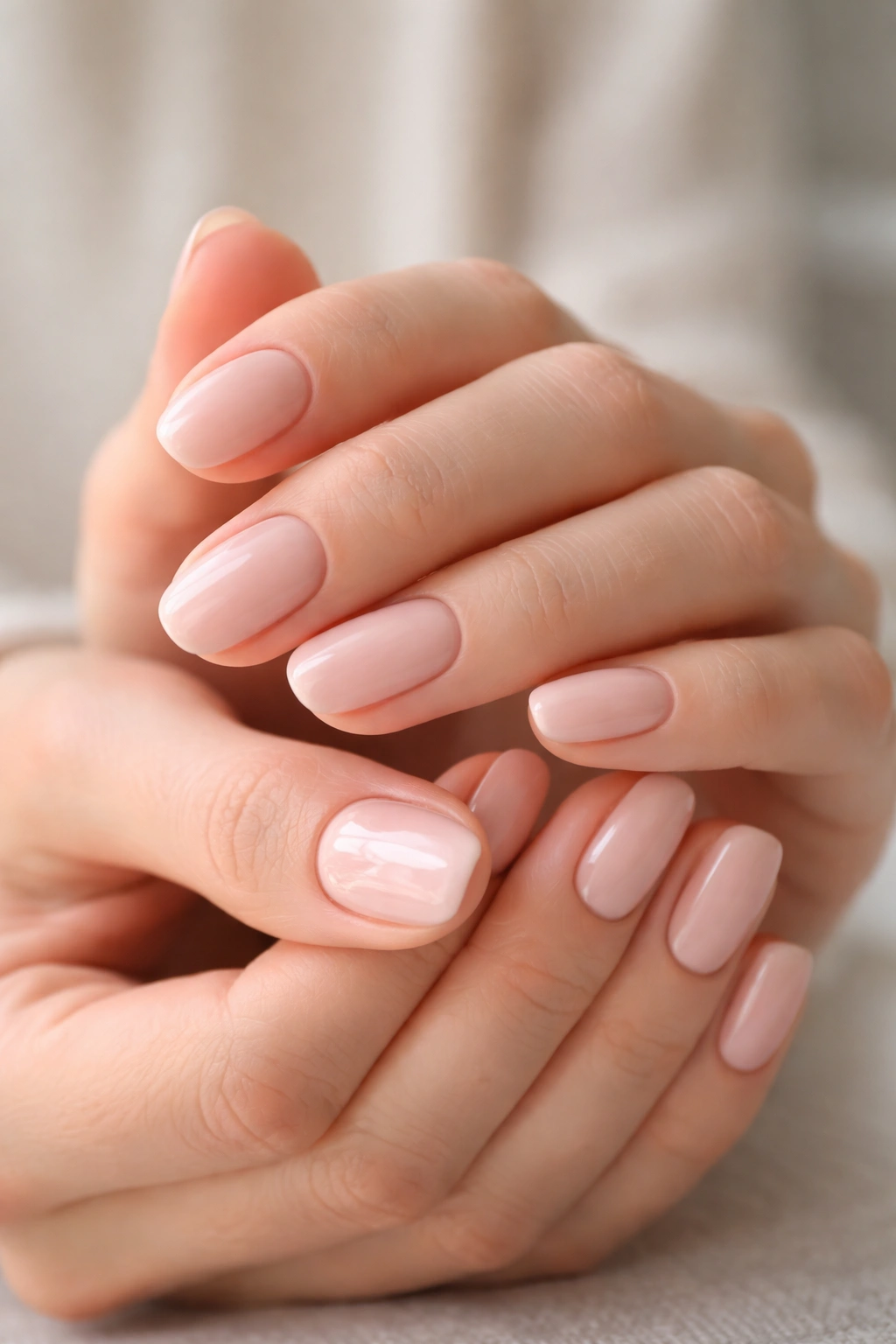 Close-up of hands showing short oval nails painted cool pink nude