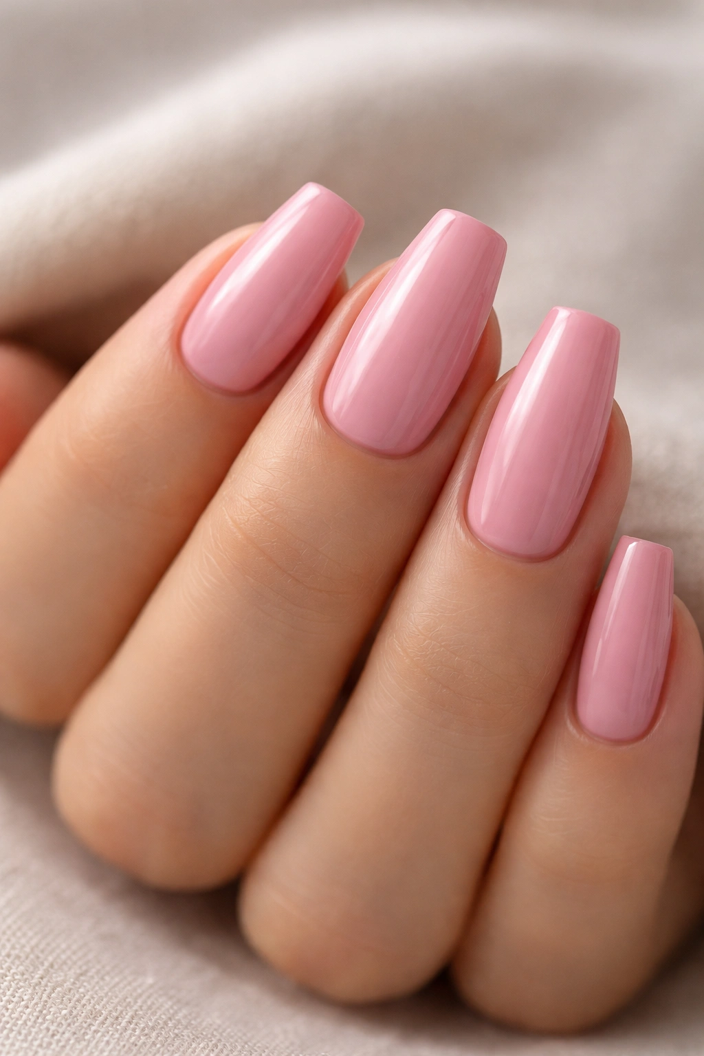 Shorter ballerina nails in cool rose pink with clean tapered tips