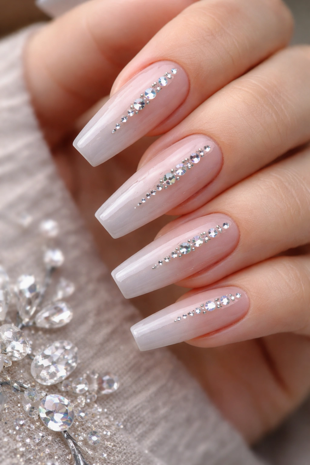 Cool-toned nude coffin nails with gemstone accents
