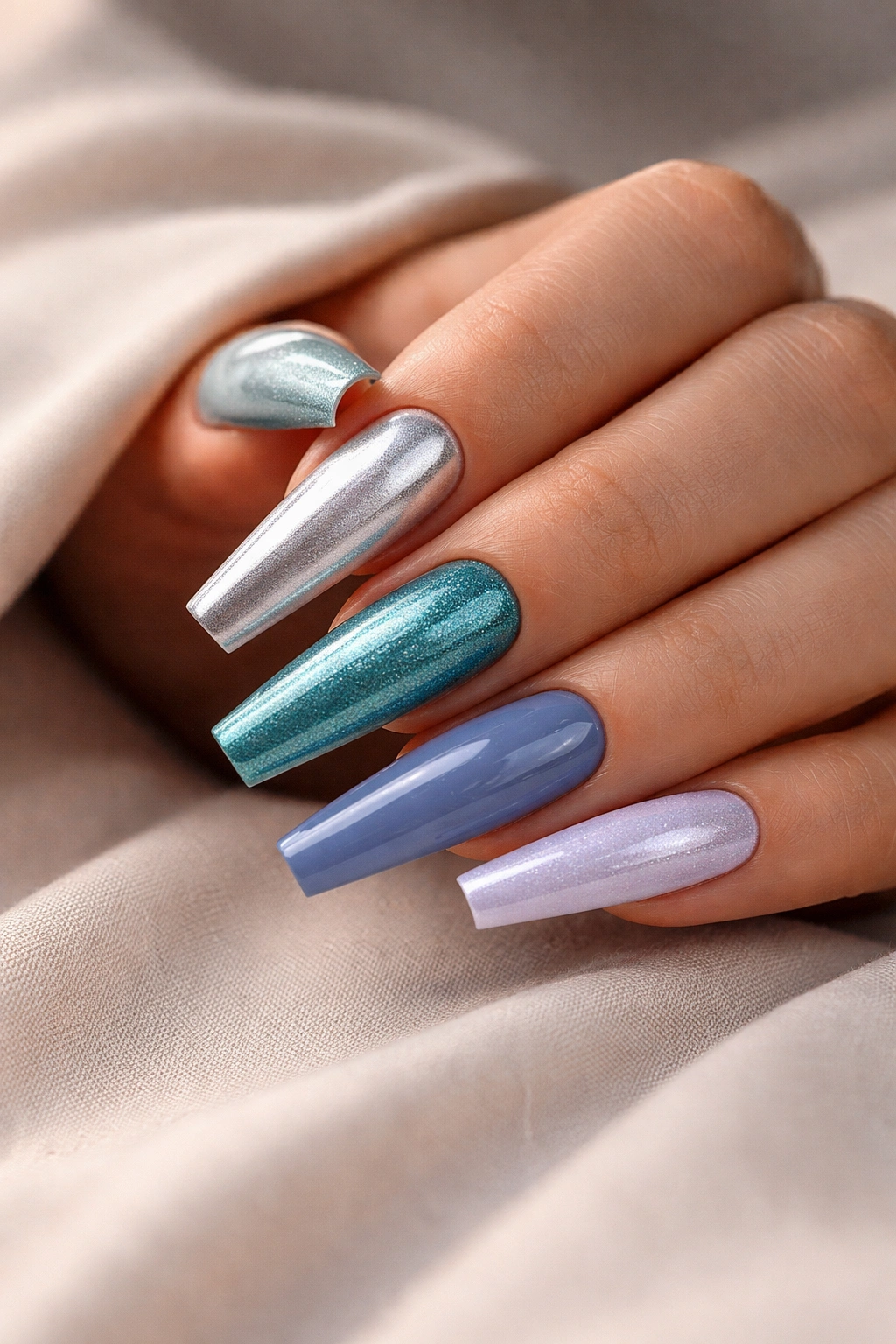 Close-up of long coffin nails in icy silvers and slate blues highlighting sharp edges