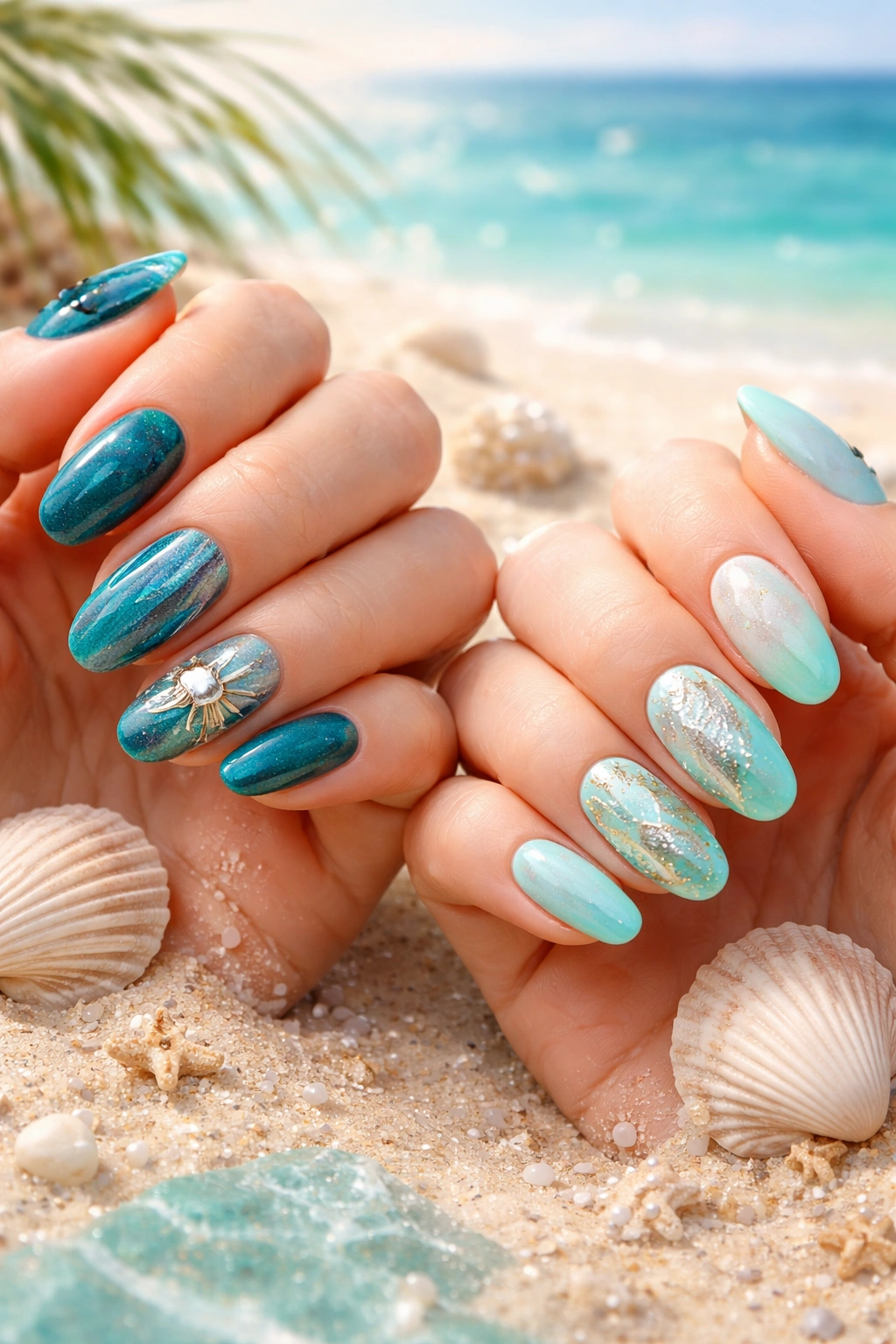 Close-up of coordinated non-identical nail designs in blue and aqua tones