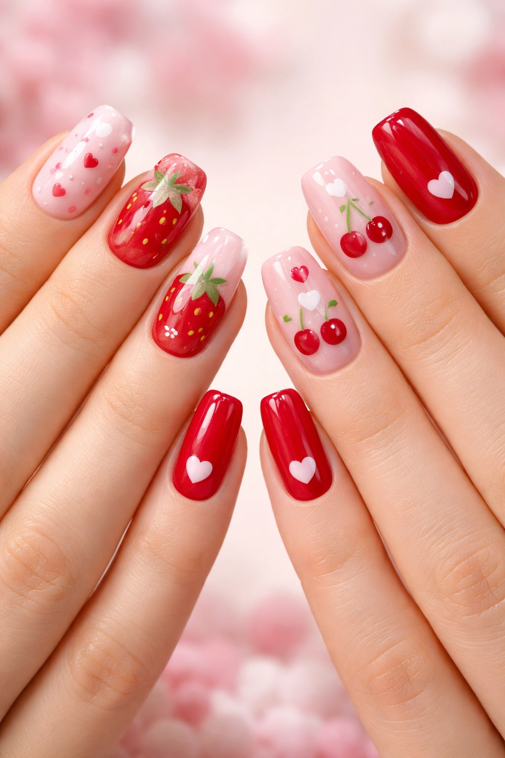 Close-up of two hands with coordinated strawberry and cherry nail art in Valentine colors