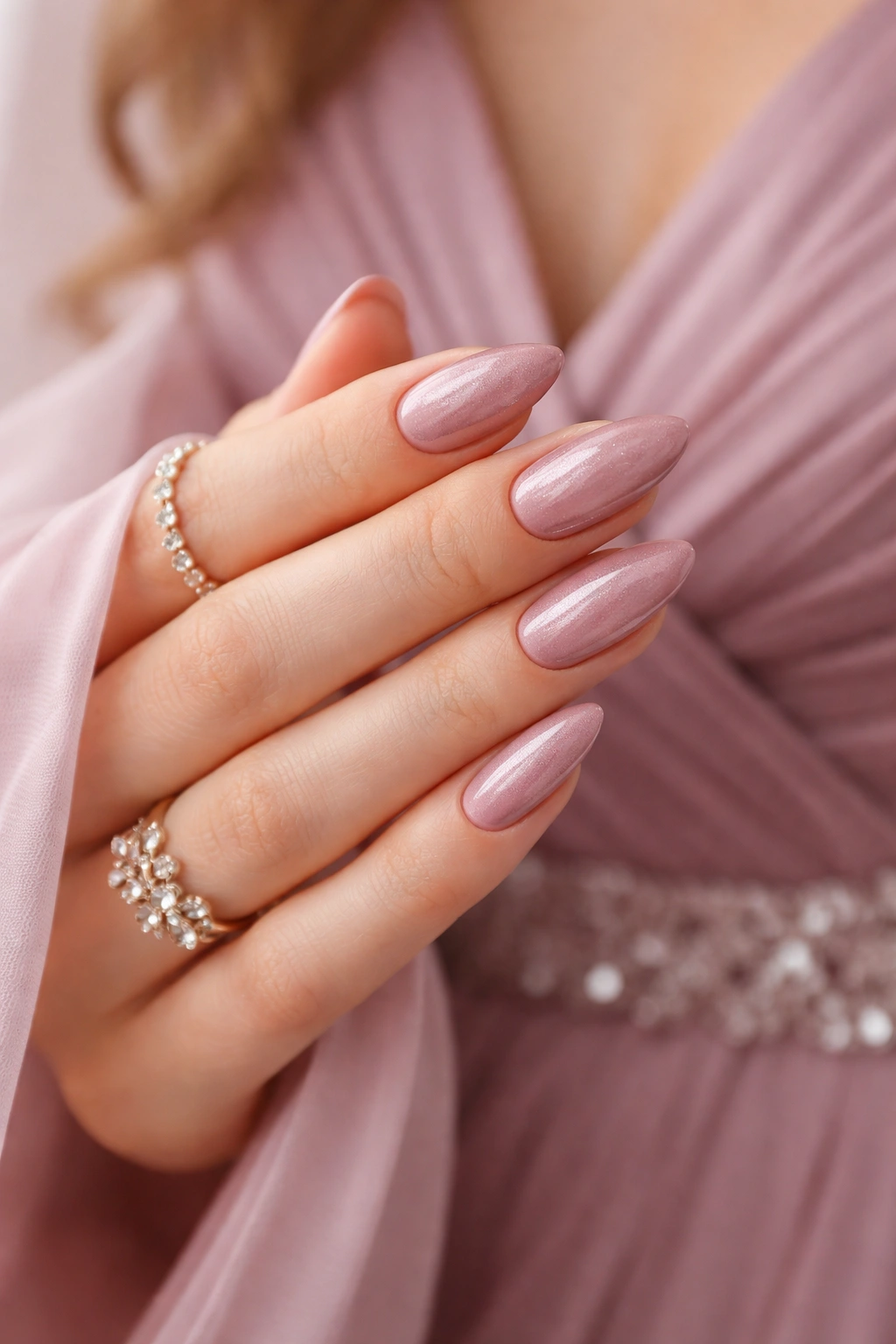 Nails painted to match dress color for coordinated look.