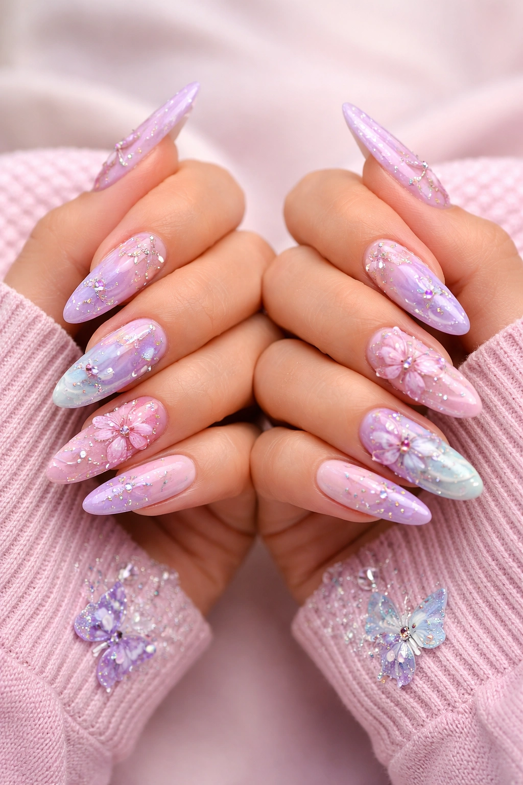 Two hands with matching Y2K nail designs in a mirrored palette