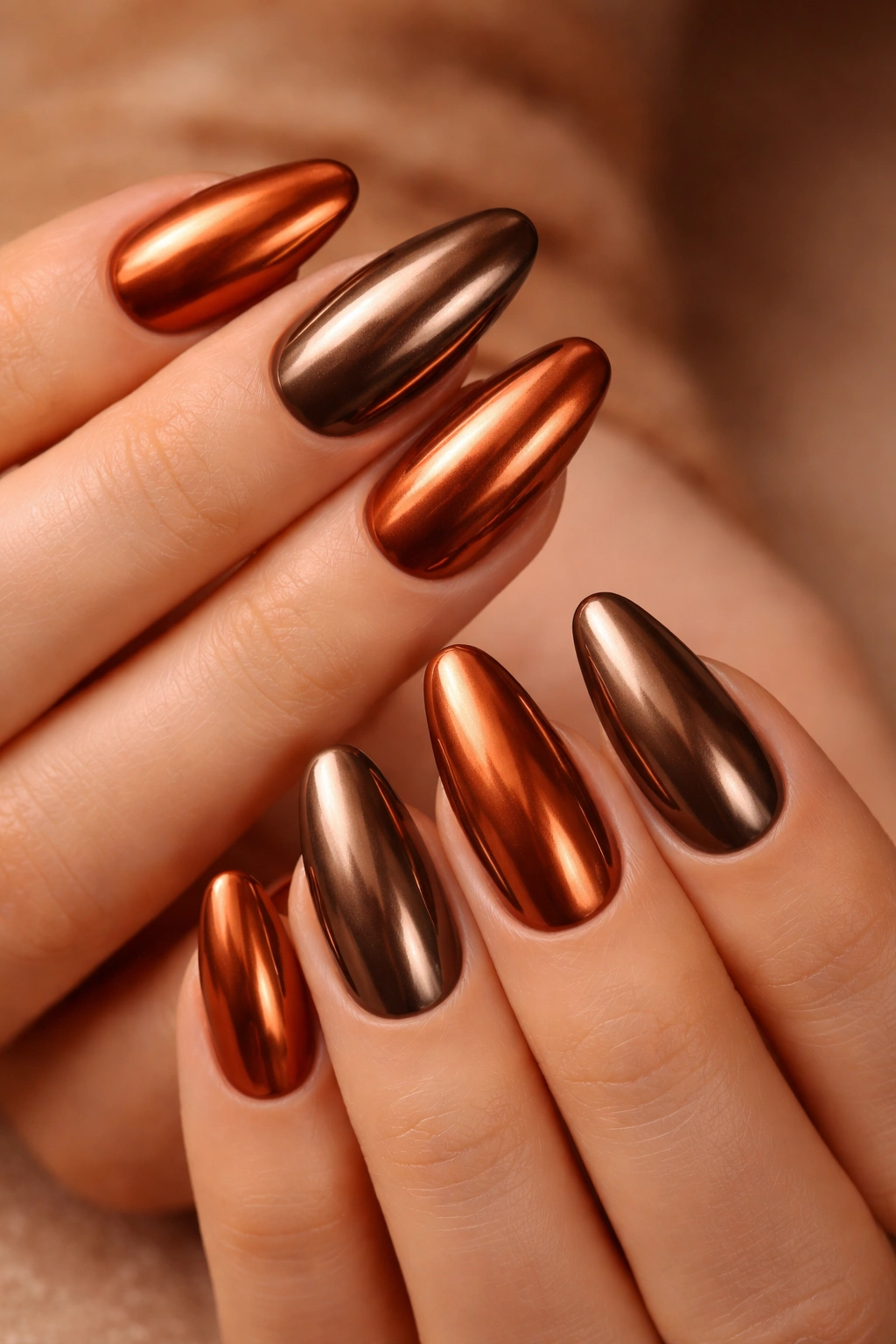 Nails showing copper and bronze chrome mix with varied tones