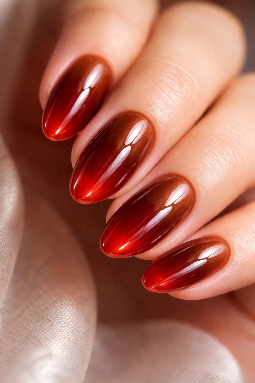 Close-up of short almond nails with copper-brown base and sheer red jelly overlay, showing amber-to-cherry color shift.